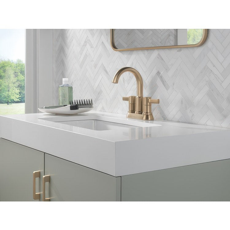 Lavatory Faucet Albion Centerset 4 Inch Spread 2 Lever ADA WaterSense Champagne Bronze 1.2 Gallons per Minute Deck Fixed Pop-Up 2 Hole - Image 2