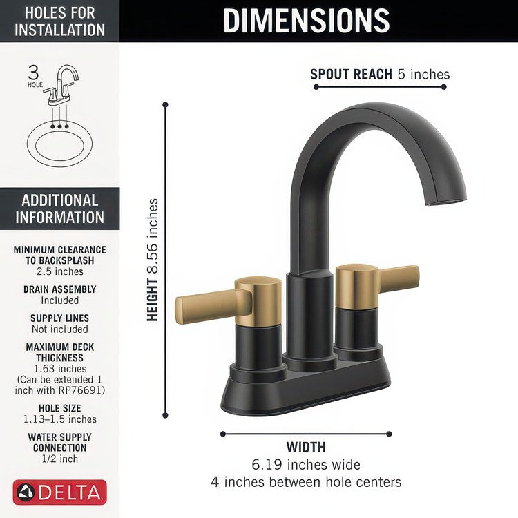 Lavatory Faucet Albion Centerset 4 Inch Spread 2 Lever ADA WaterSense Matte Black/Champagne Bronze 1.2 Gallons per Minute Deck Fixed Pop-Up 2 Hole - Image 3
