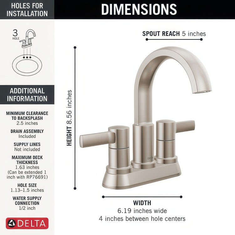 Lavatory Faucet Albion Centerset 4 Inch Spread 2 Lever ADA WaterSense Spotshield Brushed Nickel 1.2 Gallons per Minute Deck Fixed Pop-Up 2 Hole - Image 3
