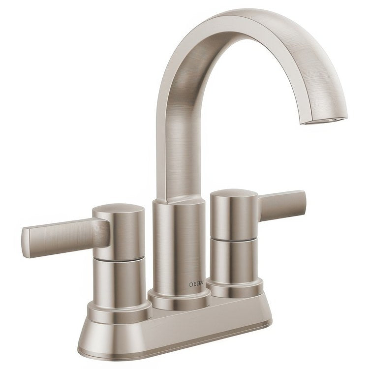 Lavatory Faucet Albion Centerset 4 Inch Spread 2 Lever ADA WaterSense Spotshield Brushed Nickel 1.2 Gallons per Minute Deck Fixed Pop-Up 2 Hole
