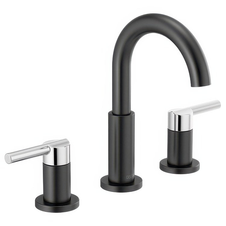 Lavatory Faucet Nicoli Widespread 6 to 16 Inch Spread 2 Lever ADA WaterSense Matte Black/Chrome 1.2 Gallons per Minute Deck Fixed Pop-Up 3 Hole - Image 1
