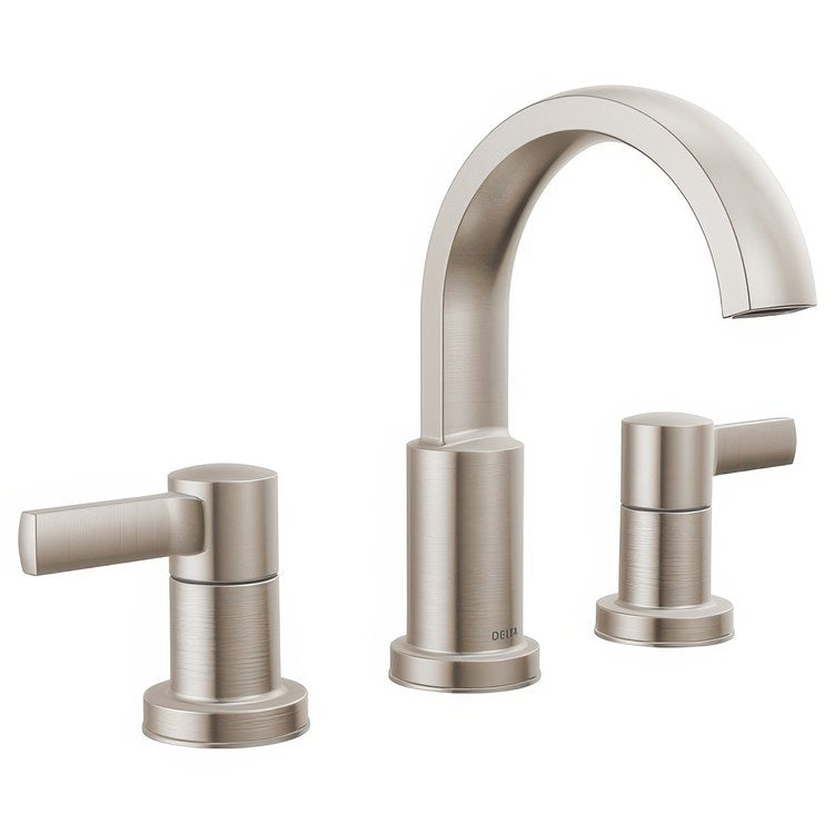 Lavatory Faucet Albion Widespread 6 to 16 Inch Spread 2 Lever ADA WaterSense Spotshield Brushed Nickel 1.2 Gallons per Minute Deck Fixed Pop-Up 3 Hole