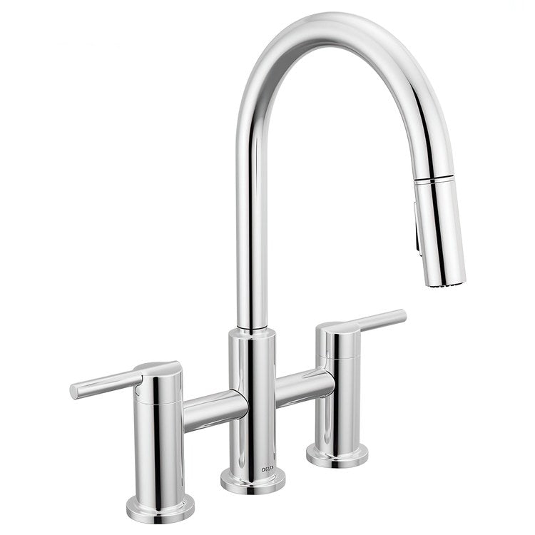 Kitchen Faucet Nicoli 2 Lever ADA Chrome Pull Down 2 Function Gooseneck 360 DEG Swivel 3 Hole Deck Touch-Clean MagnaTite 1.8 Gallons per Minute - Image 1