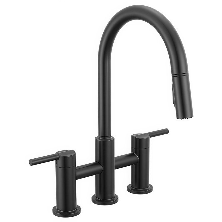 Kitchen Faucet Nicoli 2 Lever ADA Matte Black Pull Down 2 Function Gooseneck 360 DEG Swivel 3 Hole Deck Touch-Clean MagnaTite 1.8 Gallons per Minute