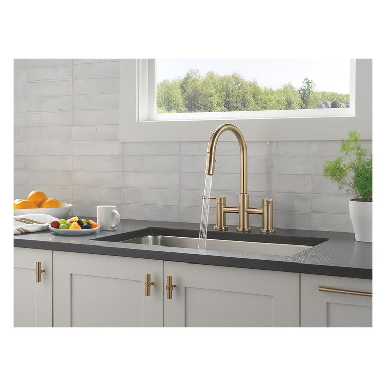 Kitchen Faucet Nicoli 2 Lever ADA Champagne Bronze Pull Down 2 Function Gooseneck 360 DEG Swivel 3 Hole Deck Touch-Clean MagnaTite 1.8 Gallons per Minute - Image 2
