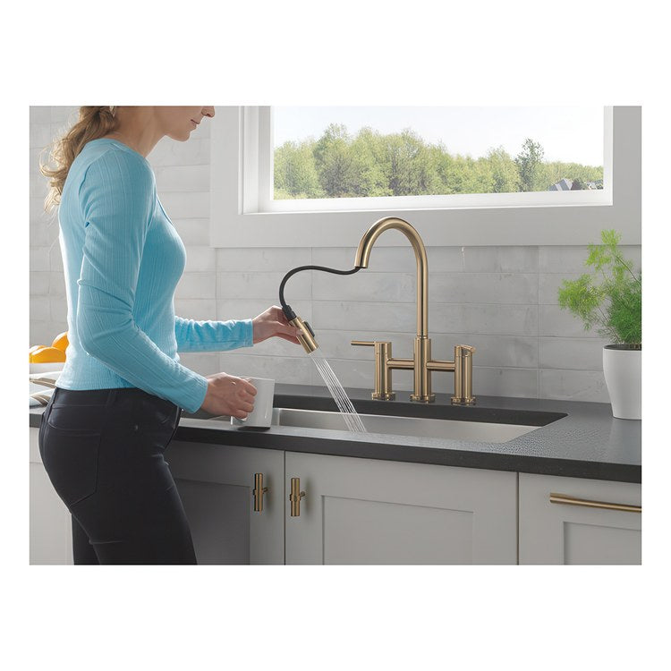 Kitchen Faucet Nicoli 2 Lever ADA Champagne Bronze Pull Down 2 Function Gooseneck 360 DEG Swivel 3 Hole Deck Touch-Clean MagnaTite 1.8 Gallons per Minute - Image 3