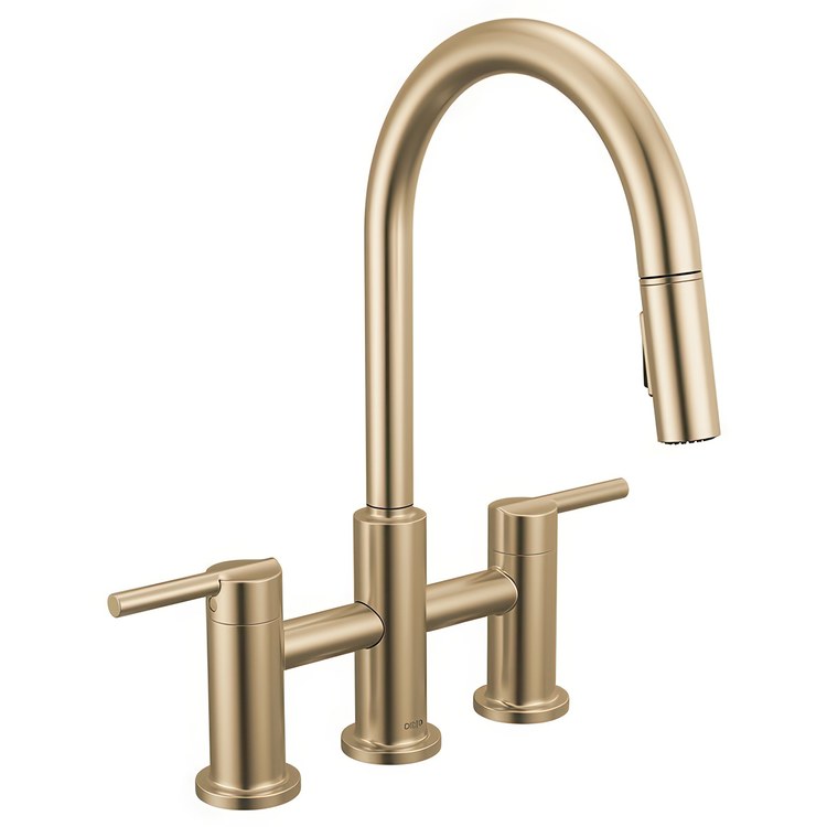 Kitchen Faucet Nicoli 2 Lever ADA Champagne Bronze Pull Down 2 Function Gooseneck 360 DEG Swivel 3 Hole Deck Touch-Clean MagnaTite 1.8 Gallons per Minute