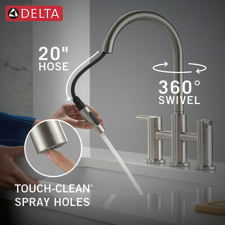 Kitchen Faucet Nicoli 2 Lever ADA Brilliance Stainless Pull Down 2 Function Gooseneck 360 DEG Swivel 3 Hole Deck Touch-Clean MagnaTite 1.8 Gallons per Minute - Image 3