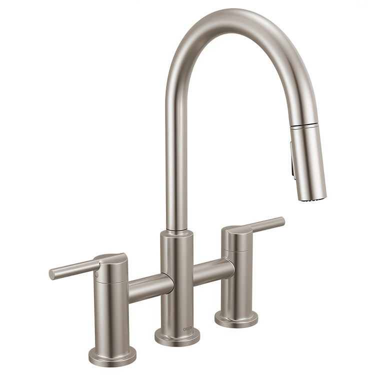 Kitchen Faucet Nicoli 2 Lever ADA Brilliance Stainless Pull Down 2 Function Gooseneck 360 DEG Swivel 3 Hole Deck Touch-Clean MagnaTite 1.8 Gallons per Minute