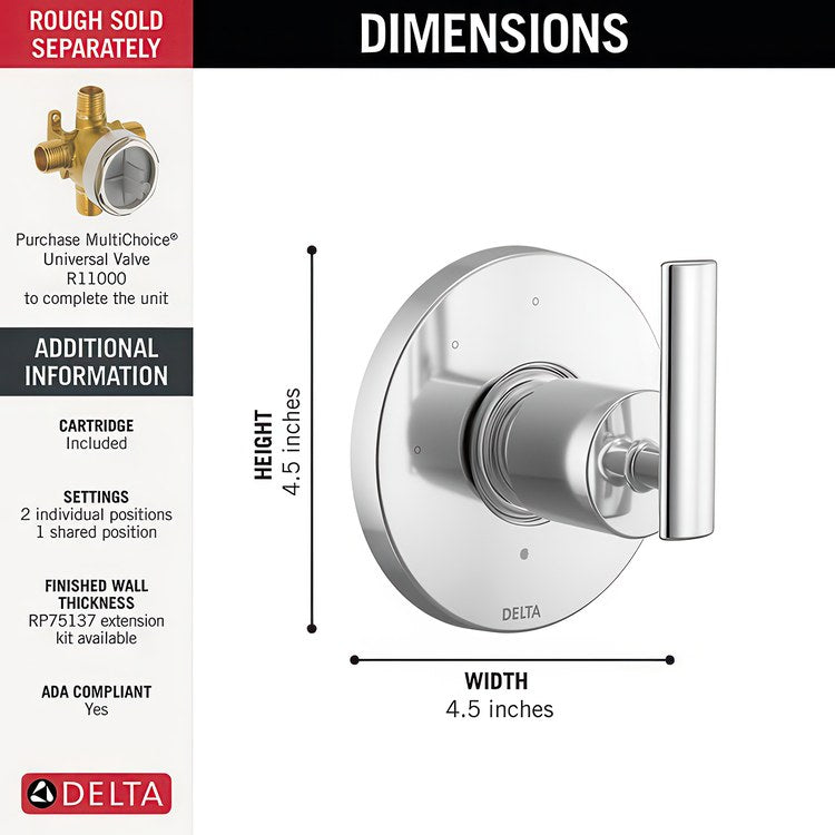 Diverter Trim Altado 2 Port Chrome 1 Lever ADA for MultiChoice Universal Rough-In Valve R11000 - Image 2