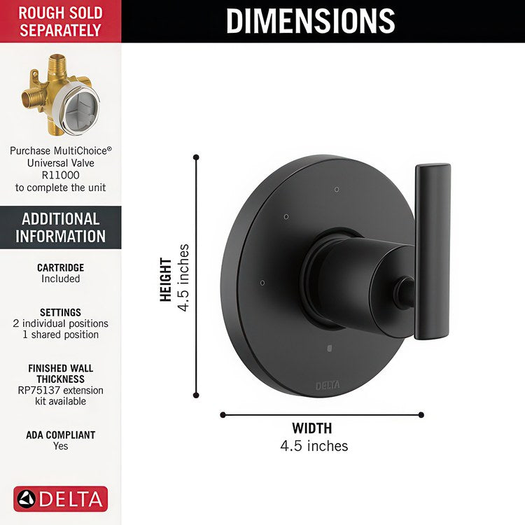 Diverter Trim Altado 2 Port Matte Black 1 Lever ADA for MultiChoice Universal Rough-In Valve R11000 - Image 2