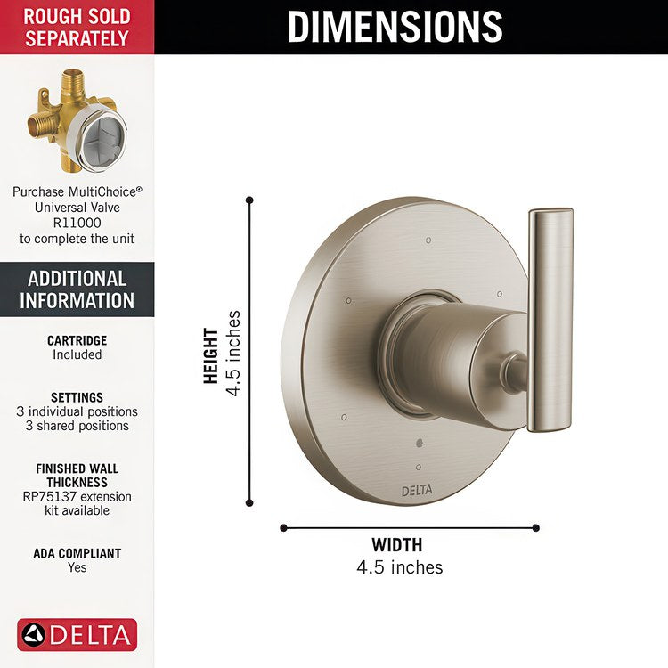 Diverter Trim Altado 3 Port Brilliance Stainless 1 Lever ADA for MultiChoice Universal Rough-In Valve R11000 - Image 2