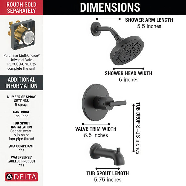 Tub and Shower Trim Altado Monitor 14 1 Lever Matte Black WaterSense ADA 6.0 Gallons per Minute for MuiltiChoice Universal Rough-In Valve R10000 - Image 2