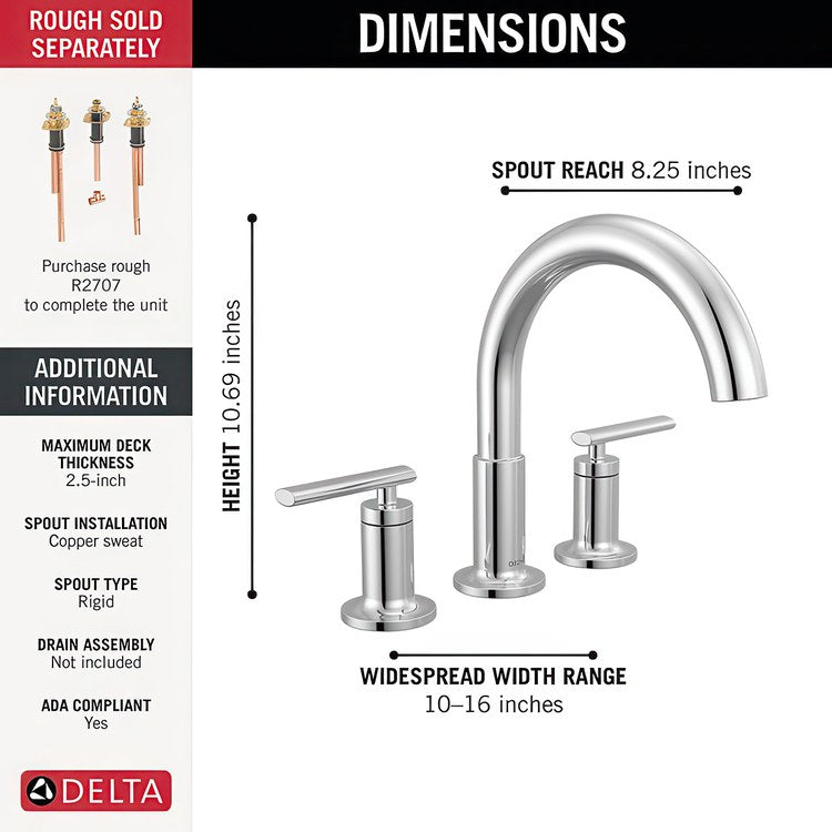 Roman Tub Trim Altado Widespread 2 Lever Chrome ADA 8 to 16 Inch Spread 3 Hole for Rough-In Kit R2700/R2707 - Image 2