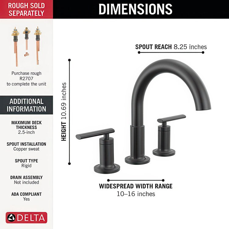 Roman Tub Trim Altado Widespread 2 Lever Matte Black ADA 8 to 16 Inch Spread 3 Hole for Rough-In Kit R2700/R2707 - Image 2