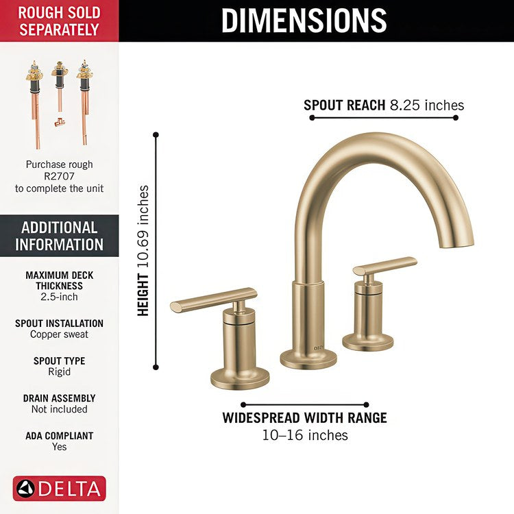 Roman Tub Trim Altado Widespread 2 Lever Brilliance Champagne Bronze ADA 8 to 16 Inch Spread 3 Hole for Rough-In Kit R2700/R2707 - Image 2