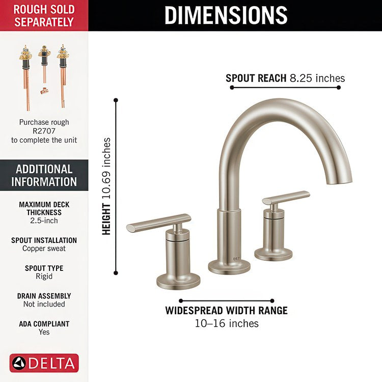 Roman Tub Trim Altado Widespread 2 Lever Brilliance Stainless ADA 8 to 16 Inch Spread 3 Hole for Rough-In Kit R2700/R2707 - Image 2