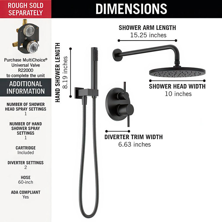 Shower Trim Modern Monitor 14 with 2 Function Diverter 2 Lever Matte Black WaterSense ADA 1.75 Gallons per Minute Raincan for MuiltiChoice Universal Rough-In Valve R22000 - Image 3