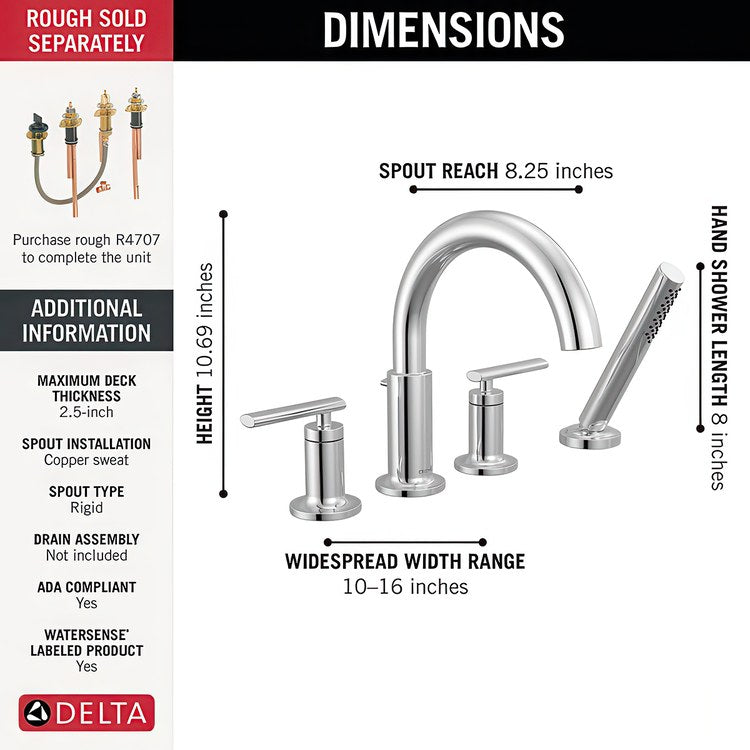 Roman Tub Trim Altado Widespread 2 Lever Chrome WaterSense ADA 8 to 16 Inch Spread 4 Hole for Rough-In Kit R4707 - Image 2