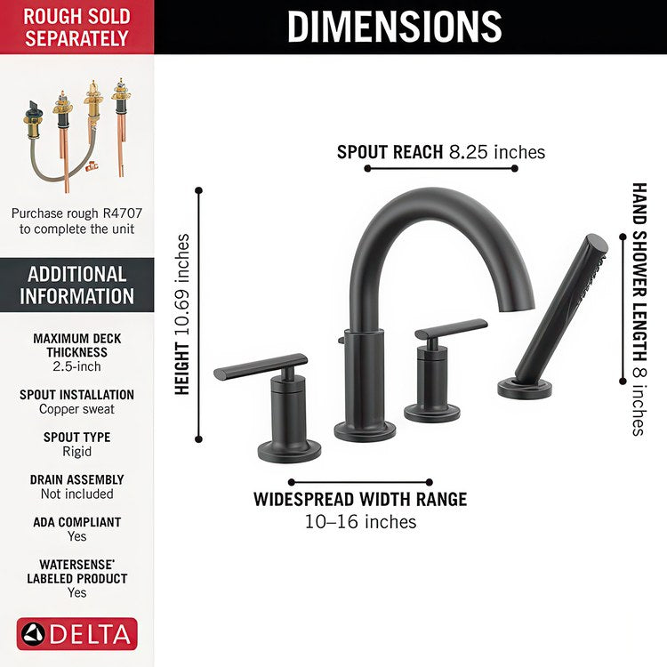Roman Tub Trim Altado Widespread 2 Lever Matte Black WaterSense ADA 8 to 16 Inch Spread 4 Hole for Rough-In Kit R4707 - Image 2