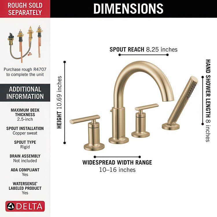 Roman Tub Trim Altado Widespread 2 Lever Brilliance Champagne Bronzed WaterSense ADA 8 to 16 Inch Spread 4 Hole for Rough-In Kit R4707 - Image 2