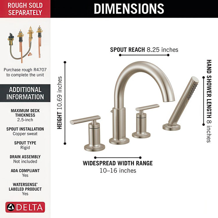Roman Tub Trim Altado Widespread 2 Lever Brilliance Stainless WaterSense ADA 8 to 16 Inch Spread 4 Hole for Rough-In Kit R4707 - Image 2