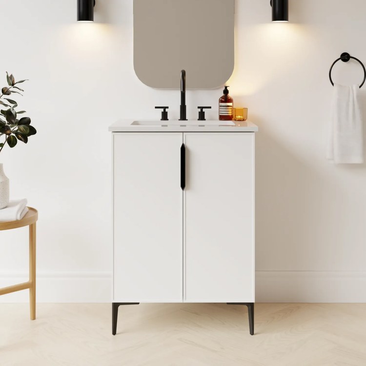 Freestanding Vanity Natick 24 Inch Center Bowl White Satin 2 Doors Thin Line Shaker - Image 2