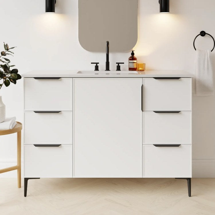 Freestanding Vanity Natick 48 Inch Center Bowl White Satin 1 Doors Thin Line Shaker - Image 2