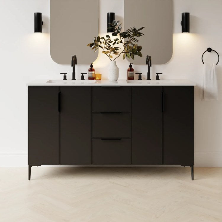 Freestanding Vanity Natick 60 Inch Double Bowl Black Satin 2 Doors Thin Line Shaker - Image 2