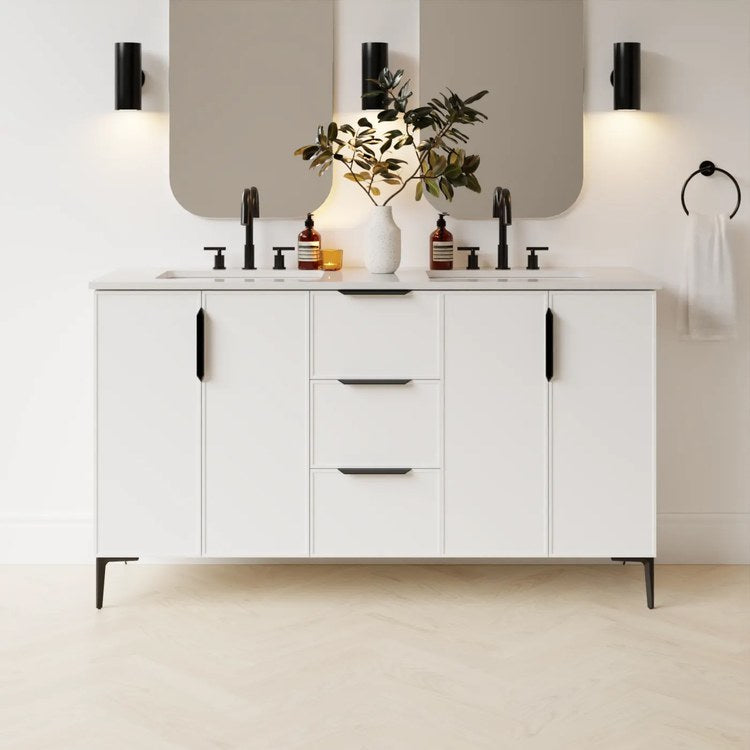 Freestanding Vanity Natick 60 Inch Double Bowl White Satin 2 Doors Thin Line Shaker - Image 2
