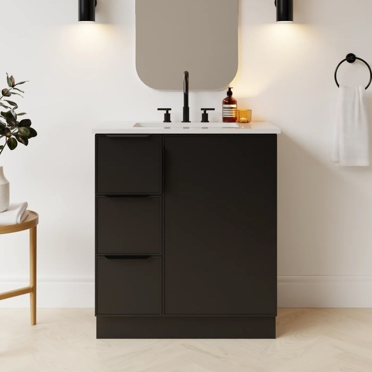 Vanity Natick 30 Inch Floor Standing Center Bowl Drawer on Left Black Satin 1 Doors 3 Drawers Dovetail - Image 2