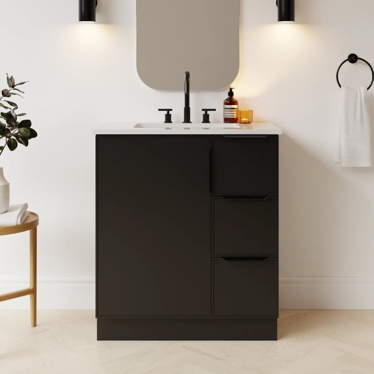 Vanity Natick 30 Inch Floor Standing Center Bowl Drawer on Right Black Satin 1 Doors 3 Drawers Dovetail - Image 2