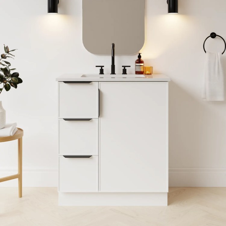Vanity Natick 30 Inch Floor Standing Center Bowl Drawer on Left White Satin 1 Doors 3 Drawers Dovetail - Image 2