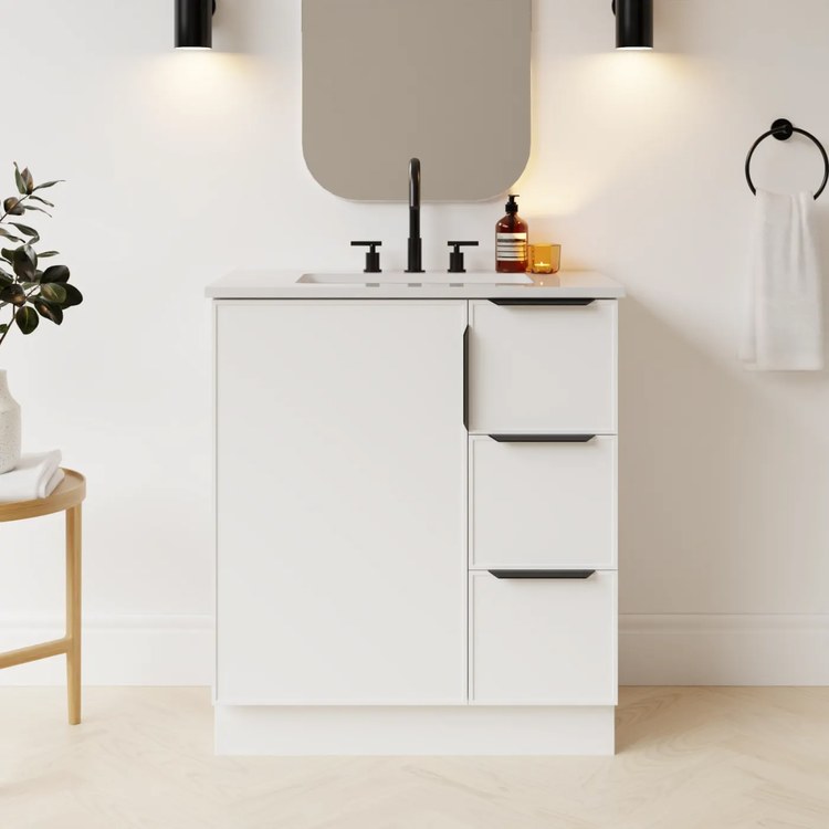 Vanity Natick 30 Inch Floor Standing Center Bowl Drawer on Right White Satin 1 Doors 3 Drawers Dovetail - Image 2