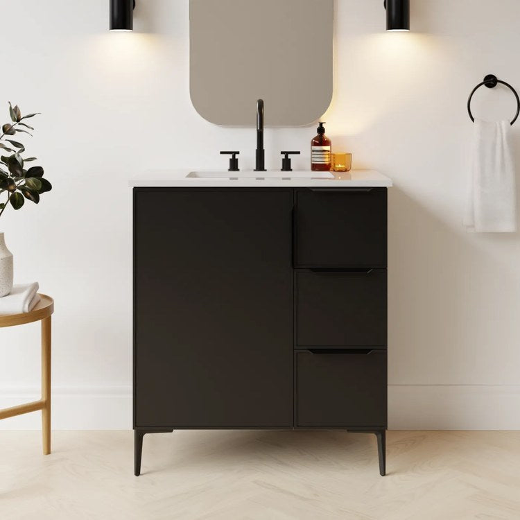 Freestanding Vanity Natick 30 Inch Center Bowl Drawer on Right Black Satin 1 Doors Thin Line Shaker - Image 2