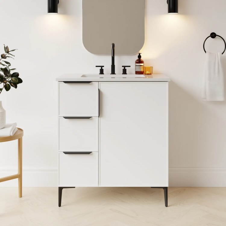Freestanding Vanity Natick 30 Inch Center Bowl Drawer on Left White Satin 1 Doors Thin Line Shaker - Image 2