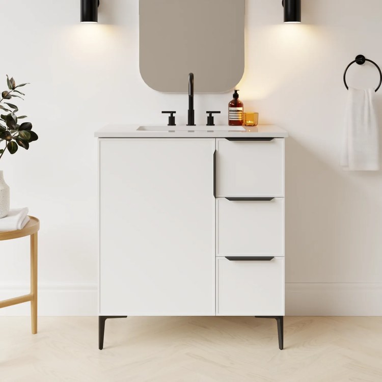 Freestanding Vanity Natick 30 Inch Center Bowl Drawer on Right White Satin 1 Doors Thin Line Shaker - Image 2