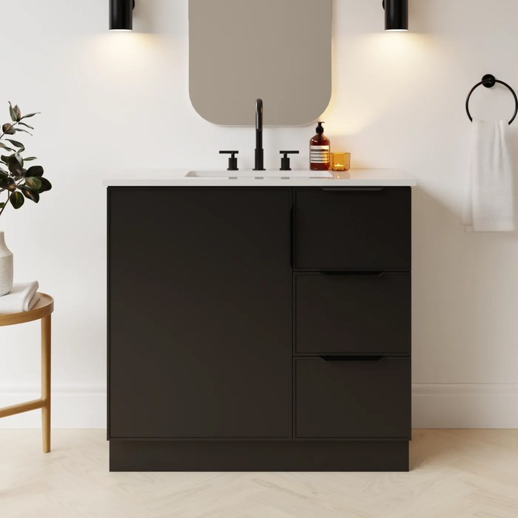 Vanity Natick 36 Inch Floor Standing Center Bowl Drawer on Right Black Satin 1 Doors 3 Drawers Dovetail - Image 2