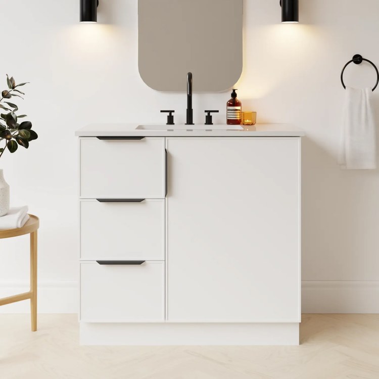 Vanity Natick 36 Inch Floor Standing Center Bowl Drawer on Left White Satin 1 Doors 3 Drawers Dovetail - Image 2