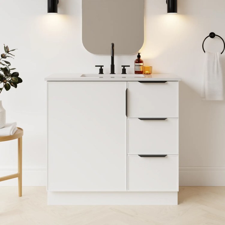 Vanity Natick 36 Inch Floor Standing Center Bowl Drawer on Right White Satin 1 Doors 3 Drawers Dovetail - Image 2