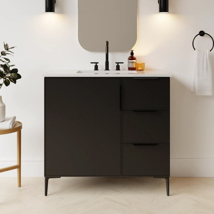 Freestanding Vanity Natick 36 Inch Center Bowl Drawer on Right Black Satin 1 Doors Thin Line Shaker - Image 2