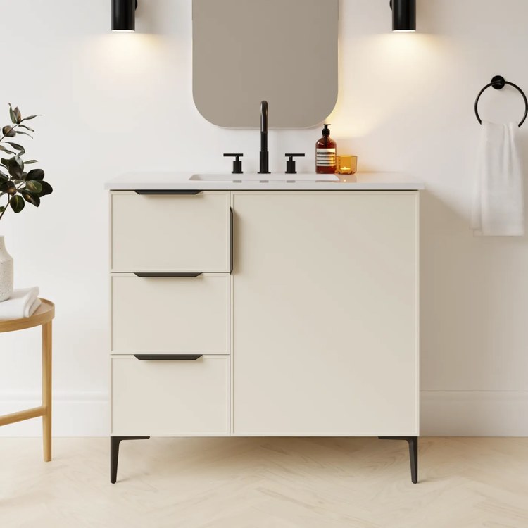 Freestanding Vanity Natick 36 Inch Center Bowl Drawer on Left White Satin 1 Doors Thin Line Shaker - Image 2