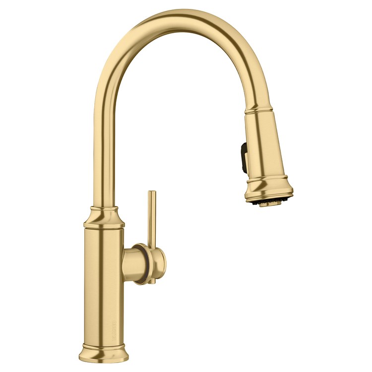 Kitchen Faucet Empressa High Arc 1 Lever CALGreen CEC Satin Gold Pull Down 2 Function Gooseneck 180 DEG Swivel 1 Hole 1.5 Gallons per Minute - Image 1