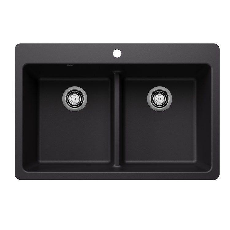 Kitchen Sink Liven 33 Inch 2 Bowls 50/50 Low Divide 3 Hole Coal Black Undermount/Drop-In Rectangle Silgranit - Image 1