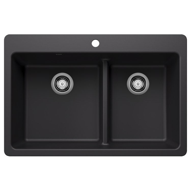 Kitchen Sink Liven 33 Inch 2 Bowls 60/40 Low Divide 3 Hole Coal Black Undermount/Drop-In Rectangle Silgranit - Image 1