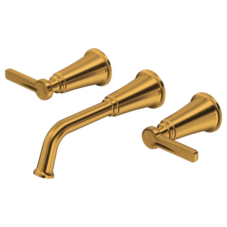 Lavatory Faucet Momenti Widespread 8 Inch Spread 3 Lever ADA Watersense Brushed Gold 1.2 Gallons per Minute Wall Mount Less Drain 3 Hole - Image 1