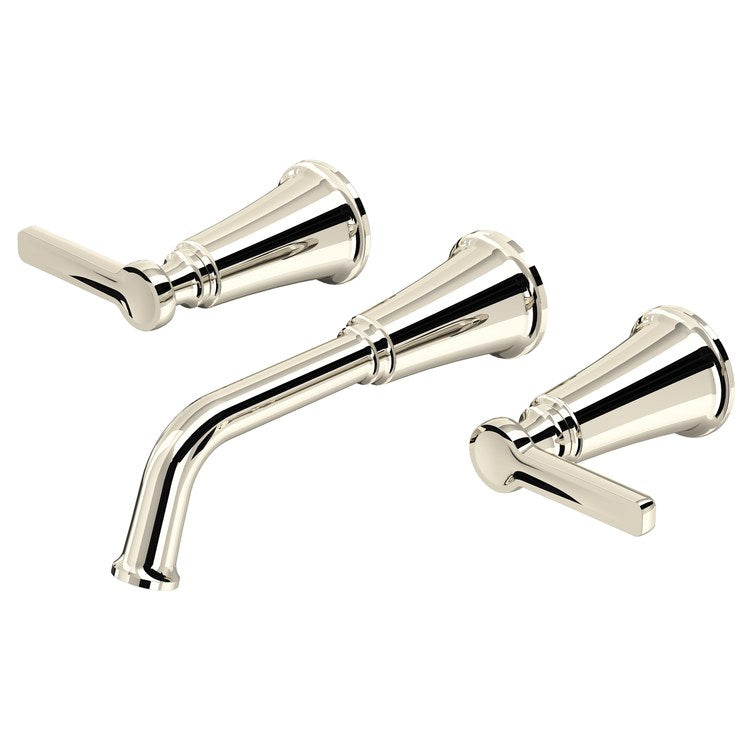 Lavatory Faucet Momenti Widespread 8 Inch Spread 3 Lever ADA Watersense Polished Nickel 1.2 Gallons per Minute Wall Mount Less Drain 3 Hole - Image 1