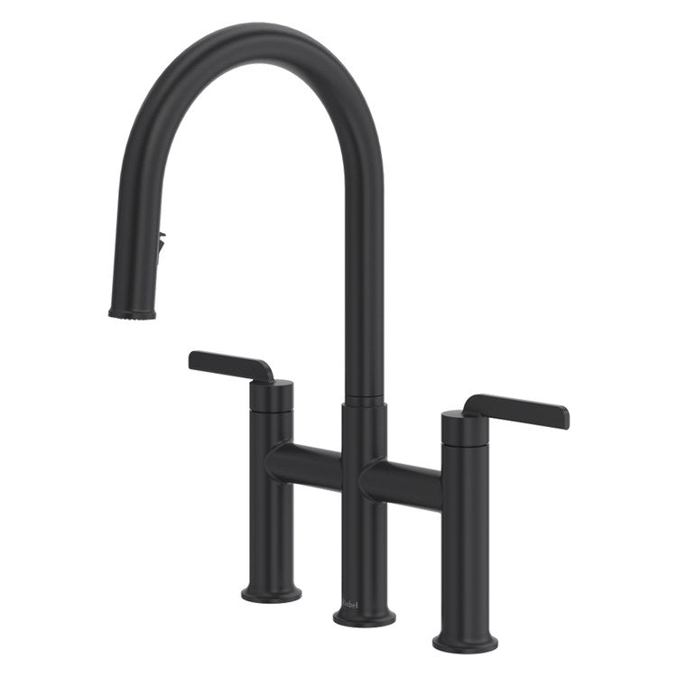 Kitchen Faucet Authentica Bridge 8 Inch Spread 2 Lever ADA Black Pull Down 2 Function Gooseneck 360 DEG Swivel 3 Hole Deck 1.8 Gallons per Minute