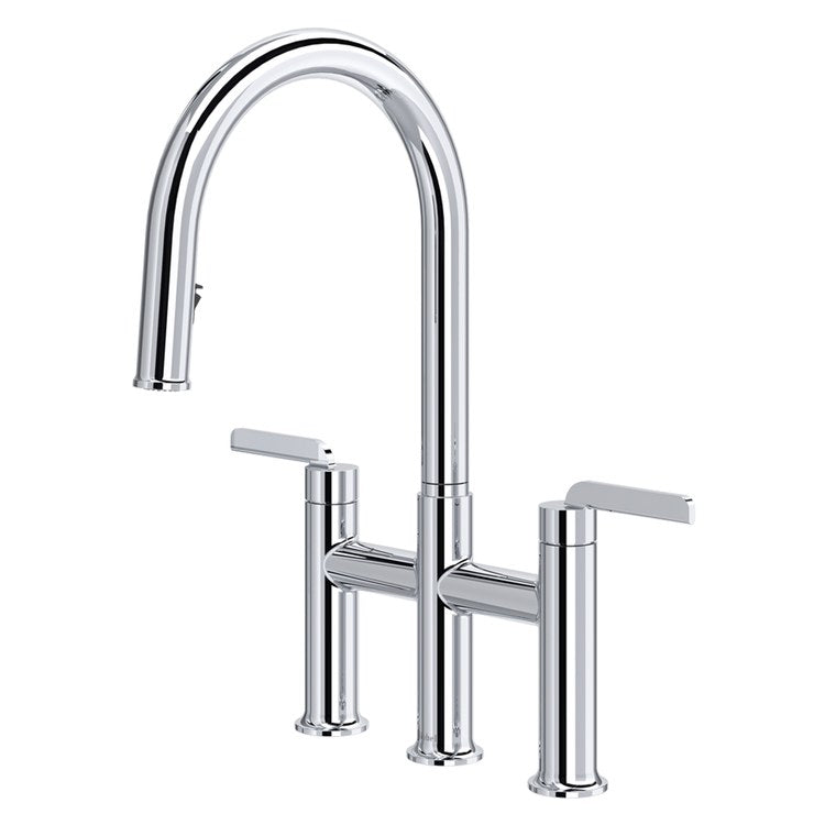 Kitchen Faucet Authentica Bridge 8 Inch Spread 2 Lever ADA Chrome Pull Down 2 Function Gooseneck 360 DEG Swivel 3 Hole Deck 1.8 Gallons per Minute - Image 1
