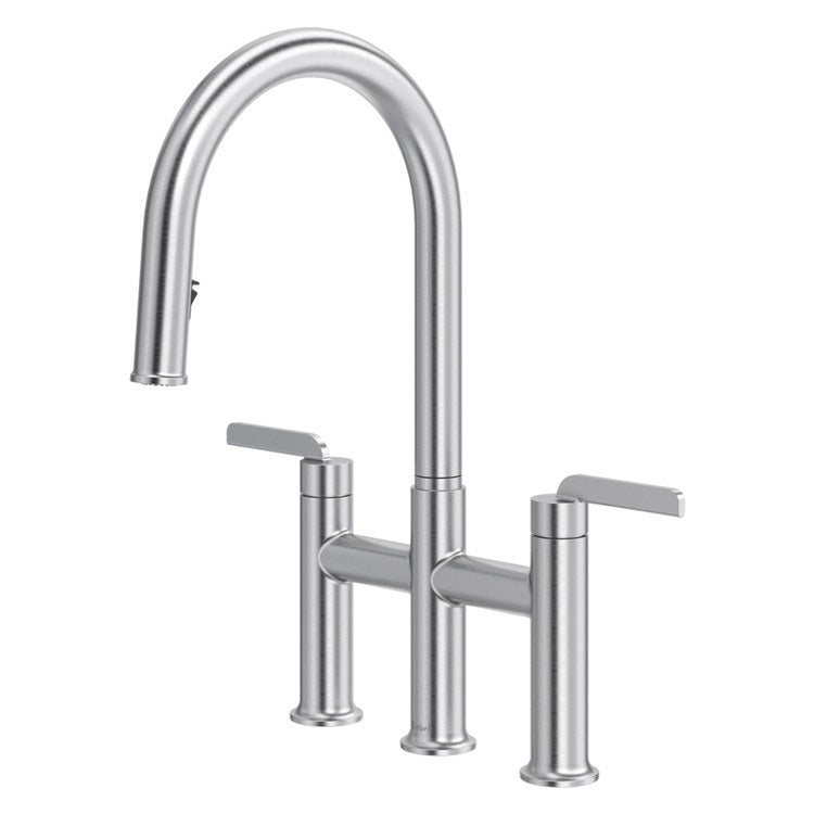 Kitchen Faucet Authentica Bridge 8 Inch Spread 2 Lever ADA Stainless Steel Pull Down 2 Function Gooseneck 360 DEG Swivel 3 Hole Deck 1.8 Gallons per Minute
